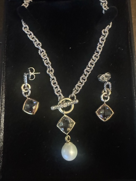 David Yurman Jewelry - David Yurman set 18k / Ss toggle Elegant Pearl Drop Necklace prasiolite earrings